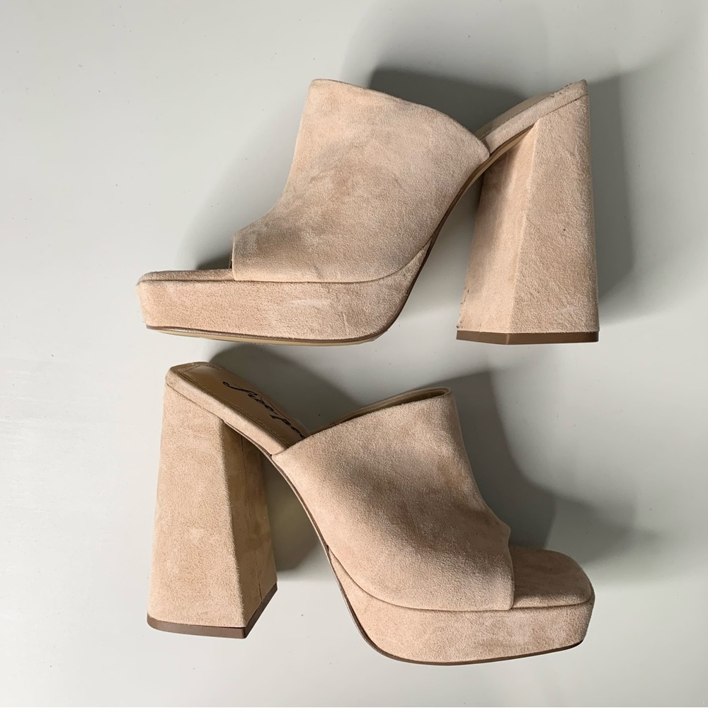 Free People 38 US 8 Margo Suede Mules Sand Square Platform Chunky Open Toe - Picture 2 of 11